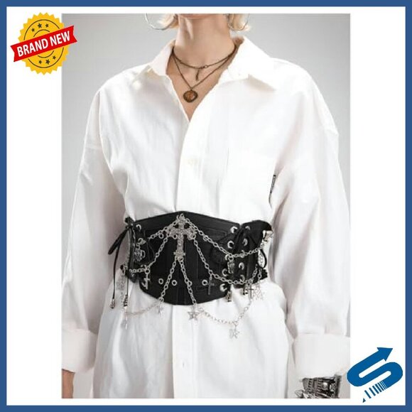 Faux Leather Corset Belt with Chain Cross Lace Up Elastic Waist main image 6